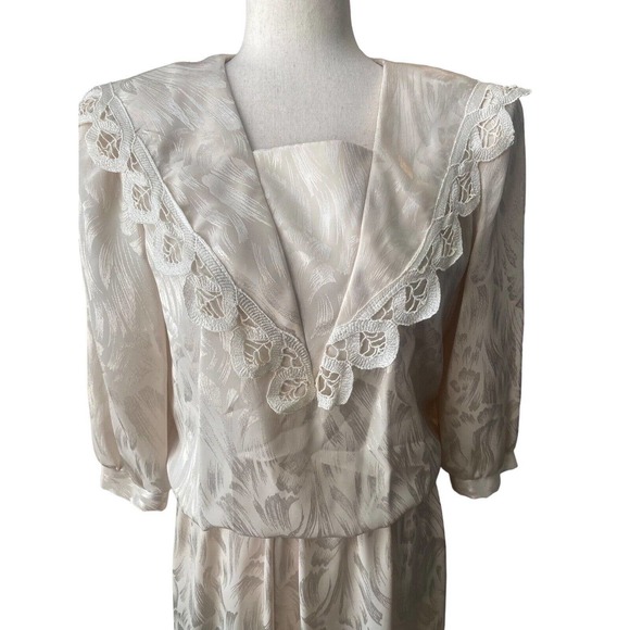 Vintage Ivory Dress Edwardian Victorian Big Collar Downton Abbey Medium FLAW - Picture 2 of 8